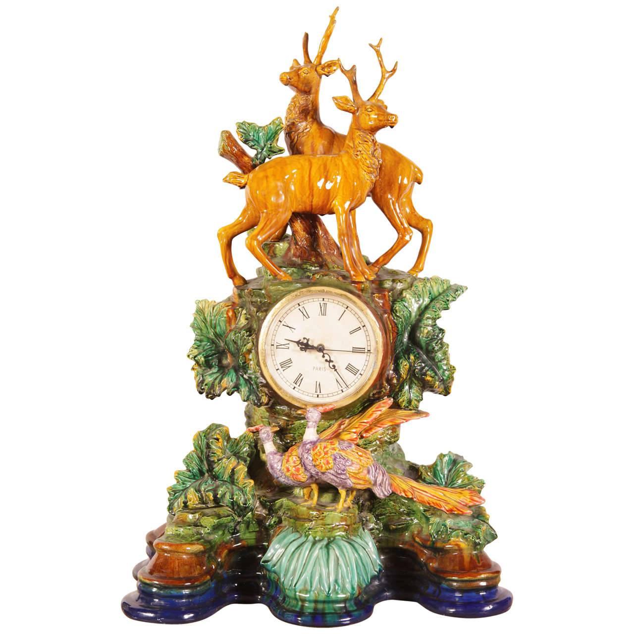 Early 20th Century French Majolica Black Forest Mantel Clock from Paris