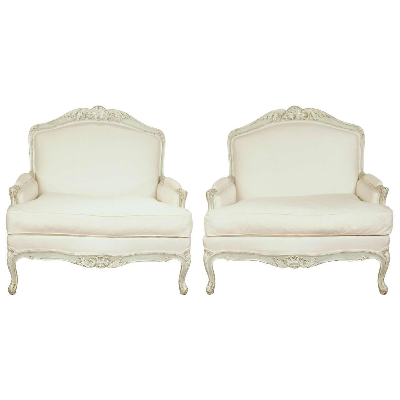 Pair of Large 19th Century French Louis XV Carved Painted Armchairs 