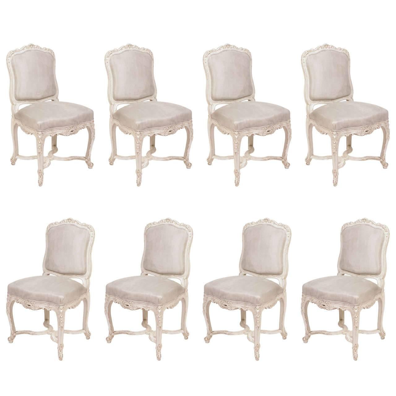 Set of Eight Early 20th Century French Louis XV Painted Chairs with Suede Fabric