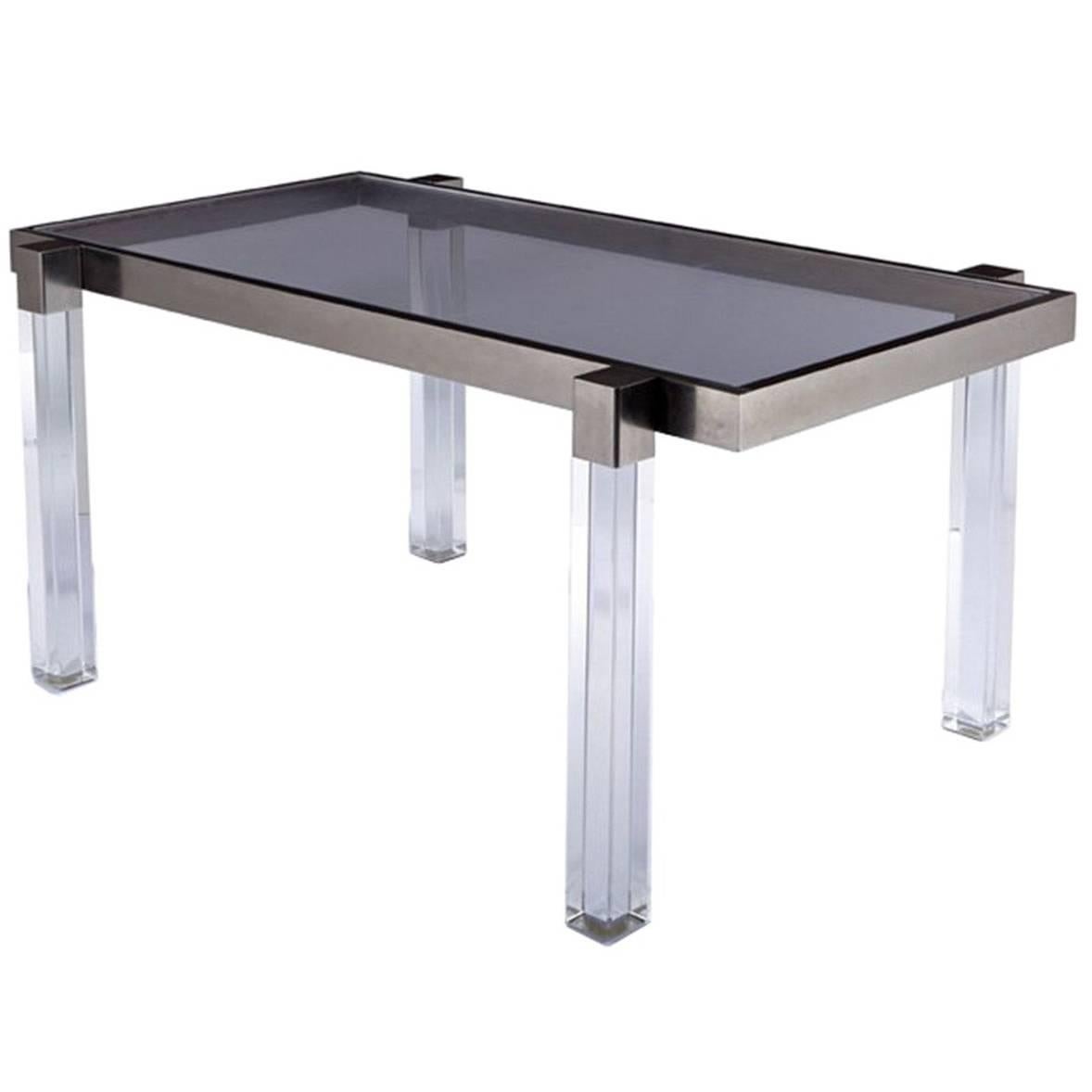 Charles Hollis Jones "Box Line" Dining Table in Lucite and Nickel, Signed