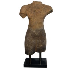 13th Century Cambodian Hand-Carved Stone Male Bust Sculpture Mounted on Base