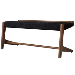 Mid-Century Modern Hardwood Walnut Rian Bench with Black Woven Danish Cord