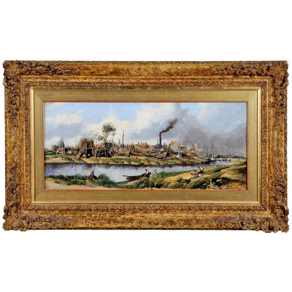 19th Century Oil Painting 'Shipbuilding by a River' For Sale