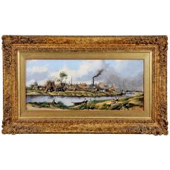 19th Century Oil Painting 'Shipbuilding by a River'