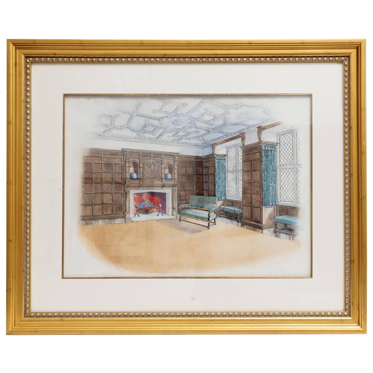  Watercolor of Interior Room Attributed to B. Carpenter For Sale