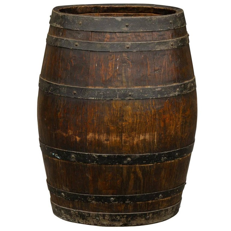 Rustic English Wooden Barrel with Metal Straps from the Late 19th