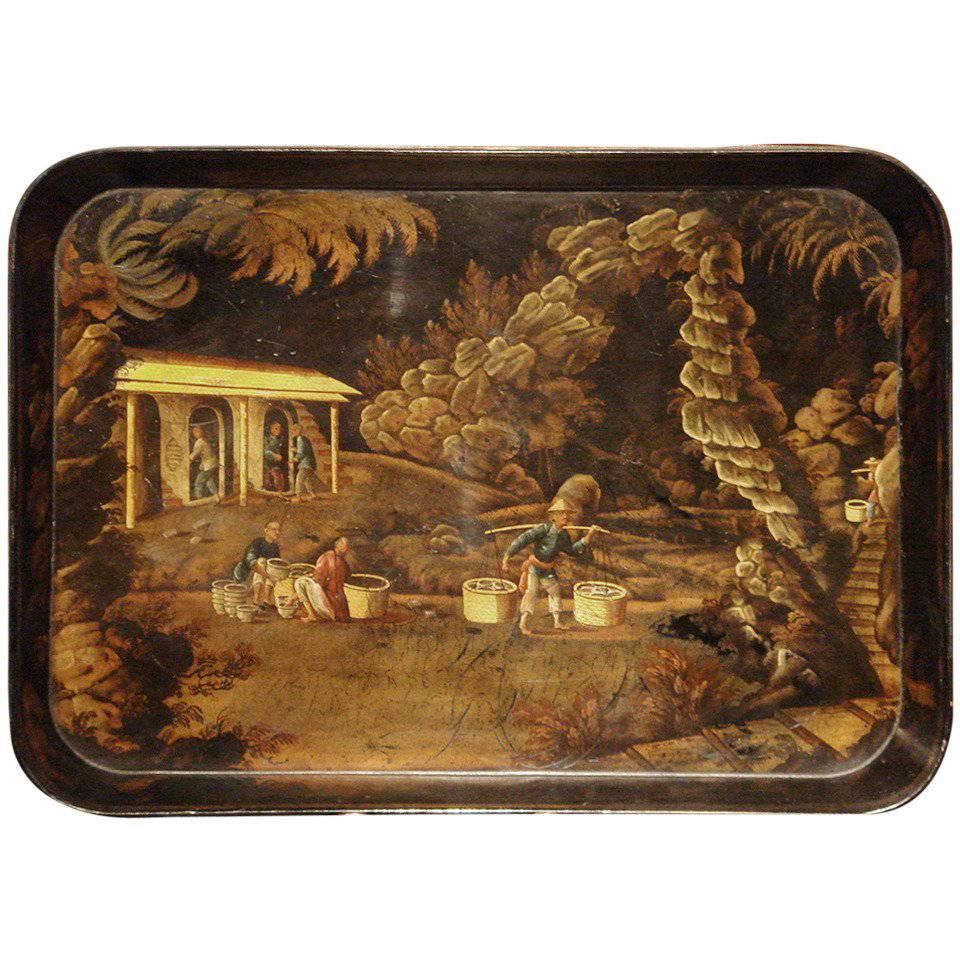 19th Century Papier Mache Tray with Chinoiseries Scene For Sale