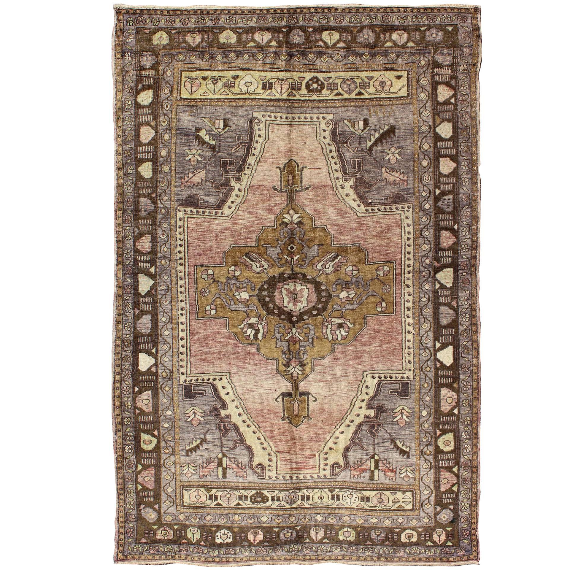 Turkish Vintage Oushak Rug With Medallion in Gray, Pink and Purple For Sale