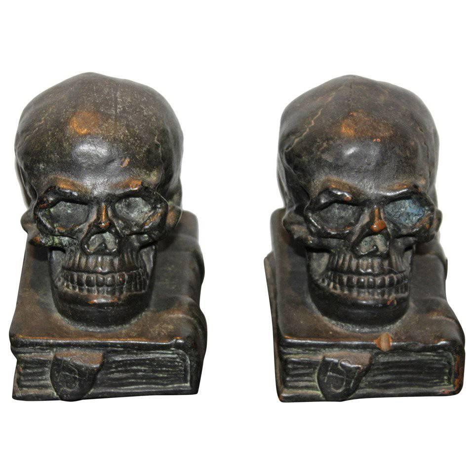 Bronze Skull on Books Bookends, 1920 For Sale