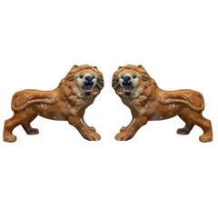 Pair of Late 19th Century Staffordshire Opposing Lions with Glass Eyes 2