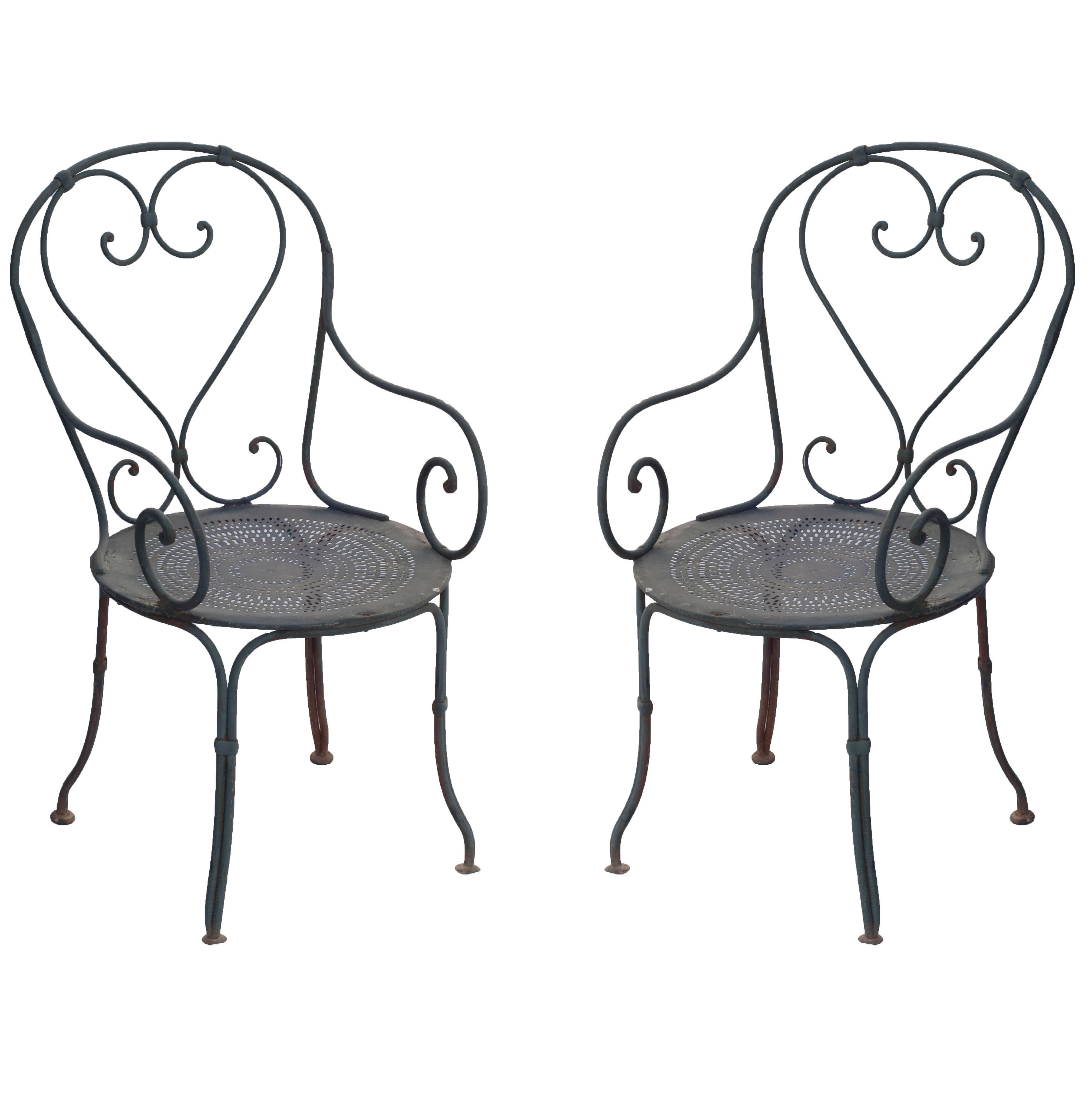 Pair of Grey Painted French Bistro Wrought Iron Garden Chairs