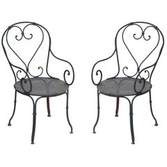 Antique Pair of Grey Painted French Bistro Wrought Iron Garden Chairs