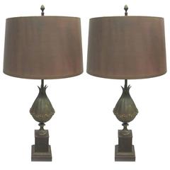 Pair of Gilt Bronze 'Lotus' Table Lamps with Bronze Shades by Maison Charles 1