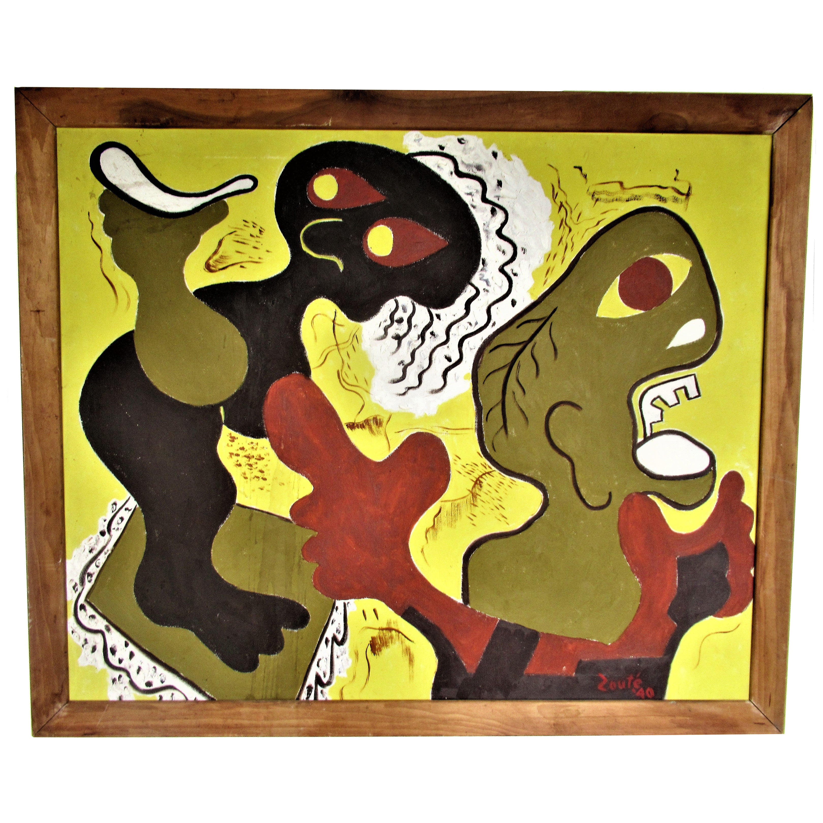 1940s American Primitive Modernist Painting of Three Faces For Sale at