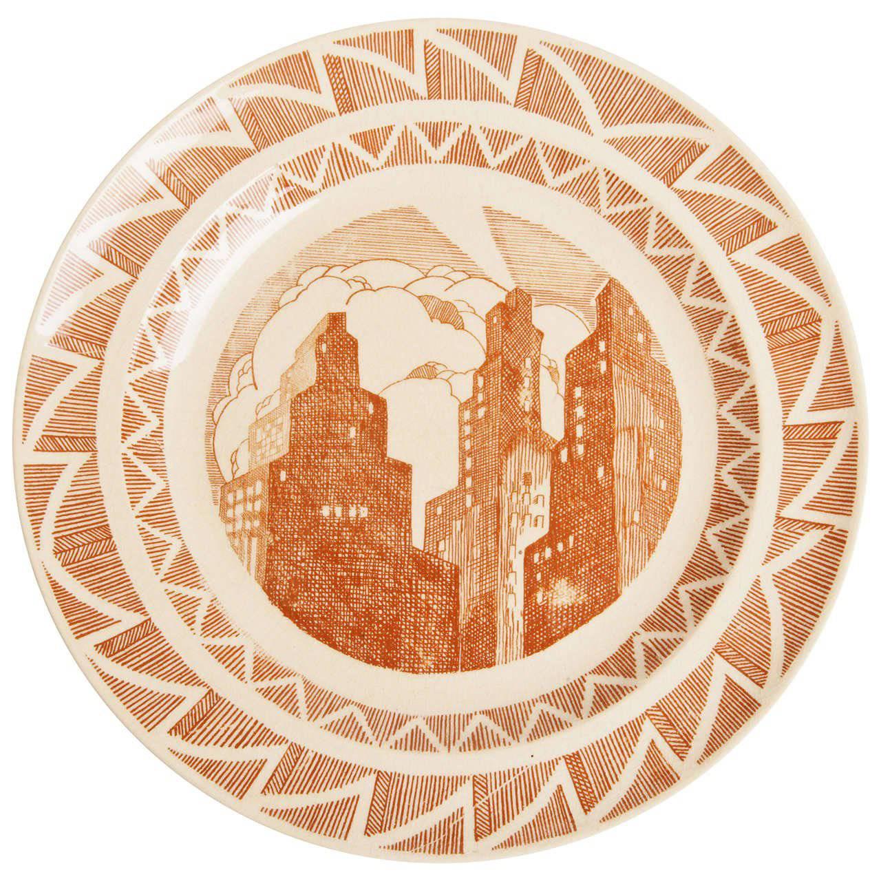 Important Art Deco Skyscraper Plate, Gale Turnbull for Leigh Potters, circa 1929