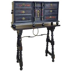 19th Century Spanish Walnut Bargueno Cabinet with Table Base and Iron Stretcher 1