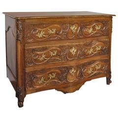 Large 18th Century French Carved Walnut Commode from Lyon with Secret Drawer
