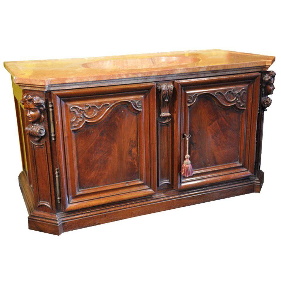 18th Century French Louis XIV Carved Walnut Buffet with Shaped Sink Marble Top