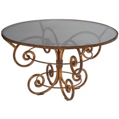 French Scrolling Gilded Iron Circular Centre Table with Black Glass Top