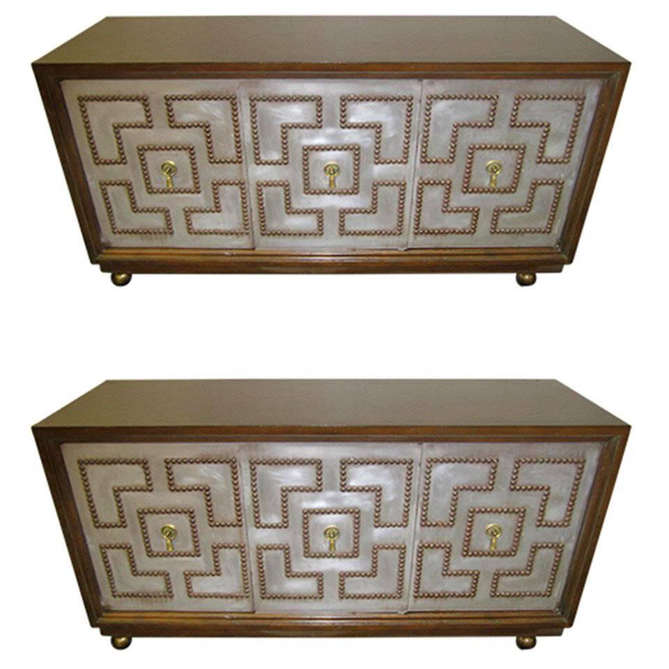 Stunning Pair of Parzinger Style Brass Studded Petite Credenza, Mid-Century