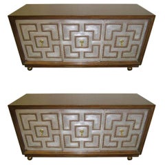 Stunning Pair of Parzinger Style Brass Studded Petite Credenza, Mid-Century