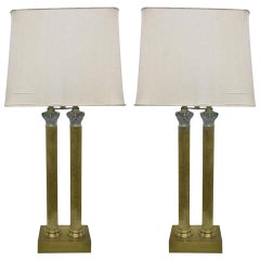 Pair of Brass Neoclassical Style Double Column Lamps