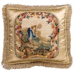 Antique Cushion: Mid 18th Century, Silk and Wool. The Lady Gardener