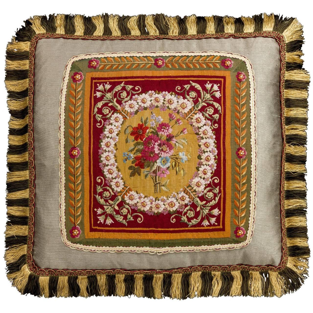 Cushion: 18th Century, Wool And Silk. Flowers on a Gold Background