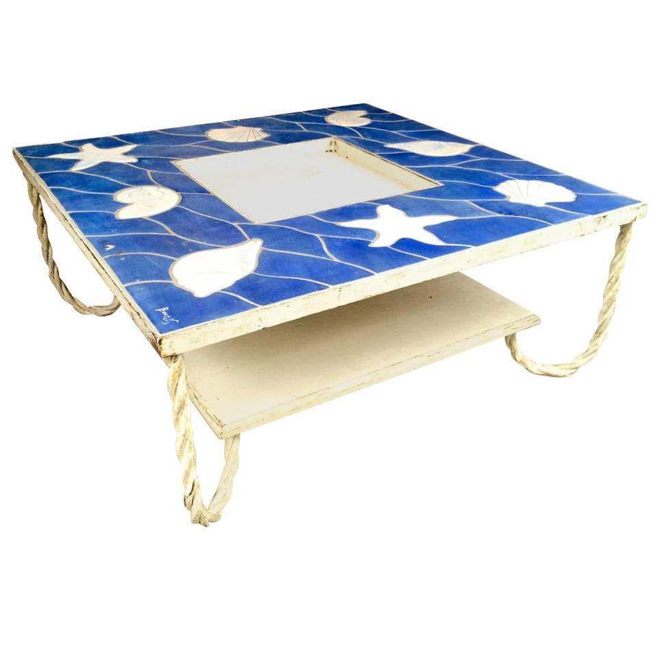 French Riviera Two-Tier Spectacular Blue Lagoon Ceramic Coffee Table For Sale