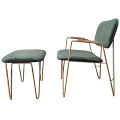 "Bruna" Minimalist Armchair with Ottoman in Painted Steel and Velvet Handwoven