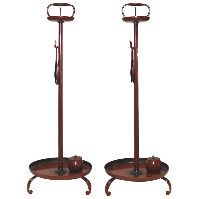 Japanese Shokudai Candle Stand with Wick Box and Pinchers For Sale at