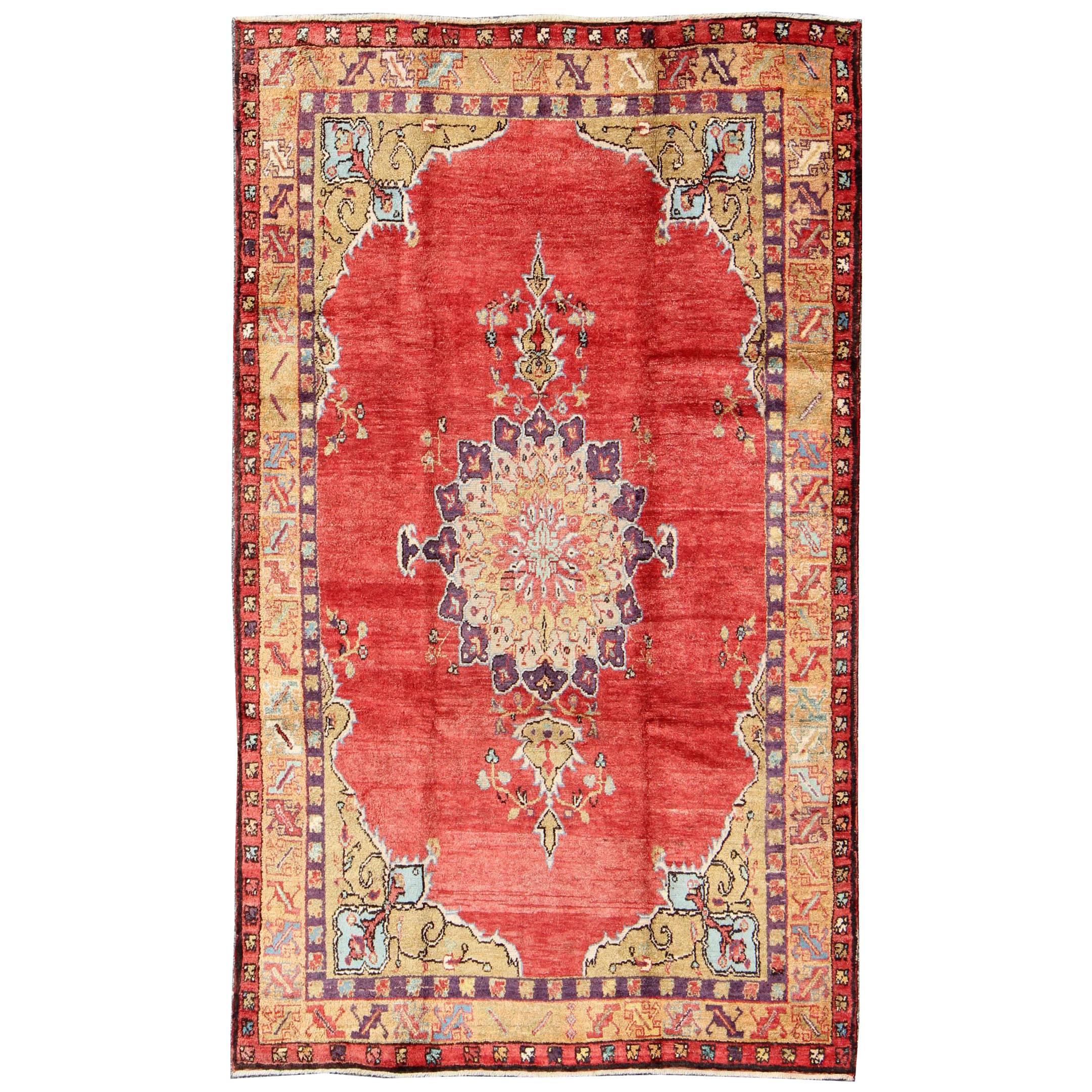 Colorful Vintage Turkish Oushak Rug with Red, Brown and Gold Colors