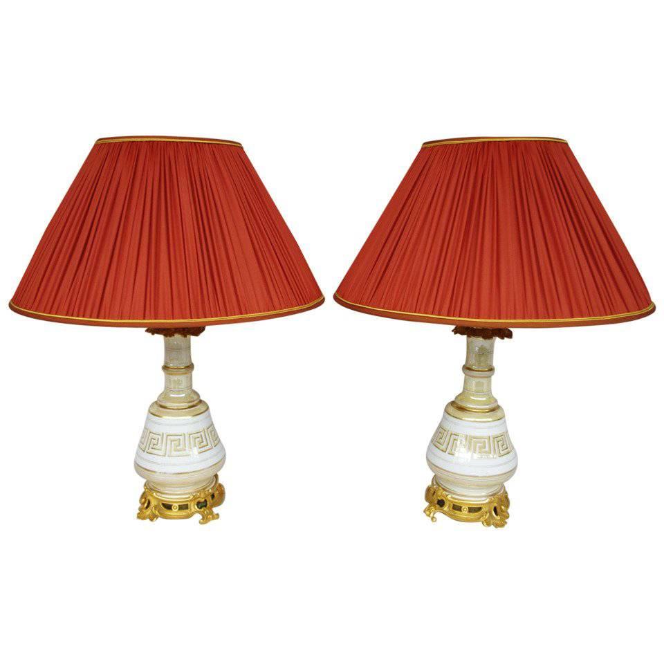 Pair of iridescent porcelain lamps with meander, circa 1880