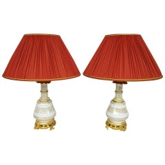 Pair of iridescent porcelain lamps with meander, circa 1880