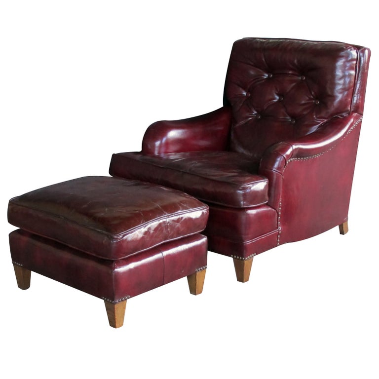 American 1940s Chesterfield Club Chair and Ottoman with Deep Burgundy