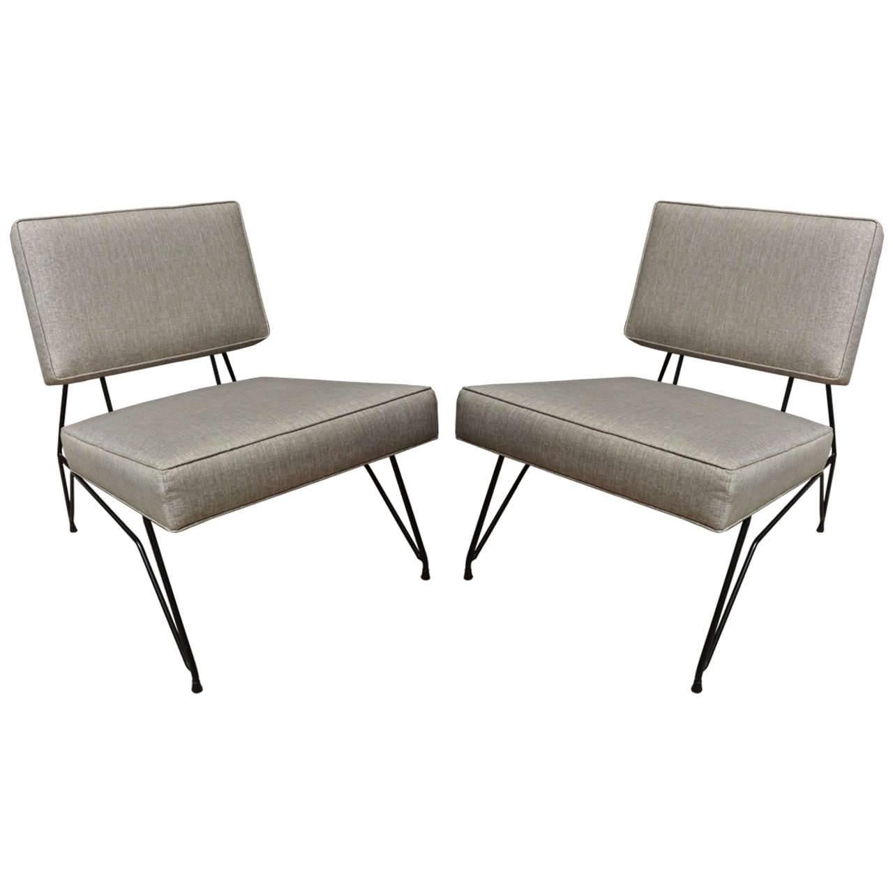 Pair of Italian Design Iron Base Upholstered Modernist Chairs For Sale