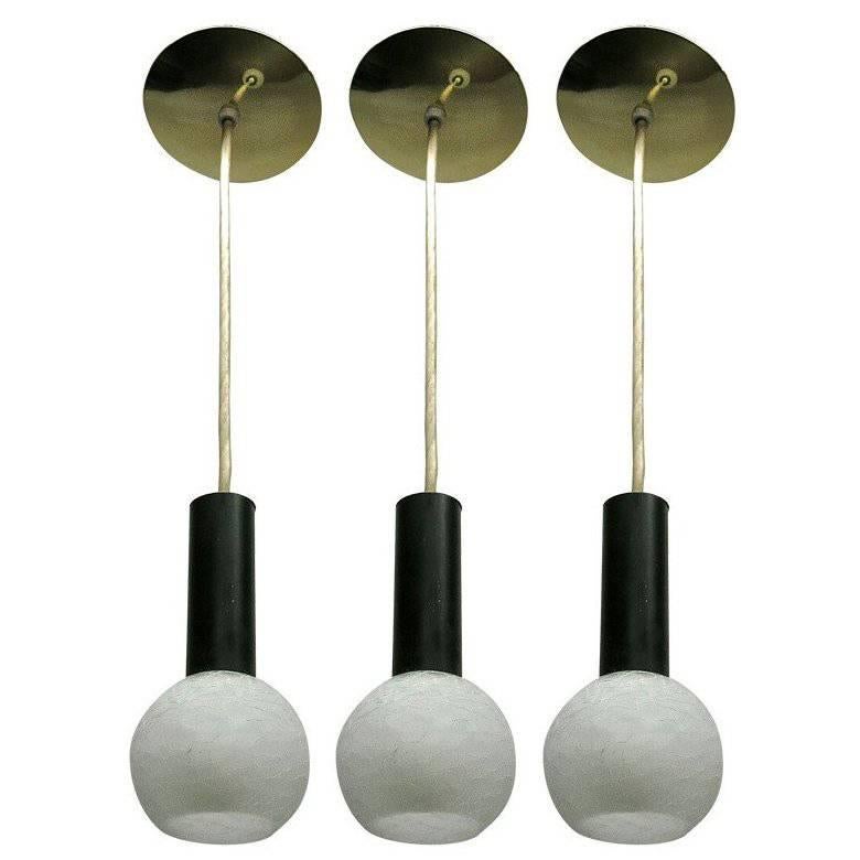 Three Ball Pendants in White Crackled Glass, USA Circa 1960 For Sale