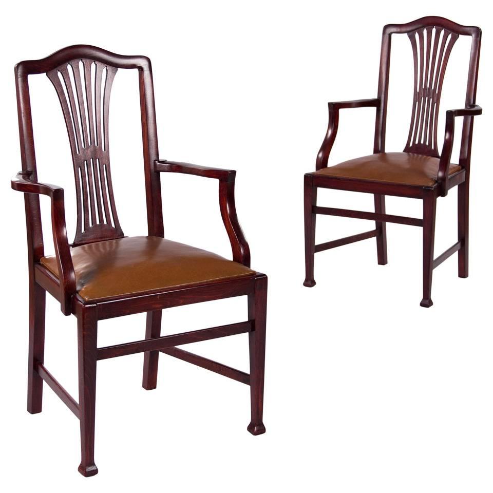 Pair of 1940s French Mahogany Desk Armchairs with Leather Seats