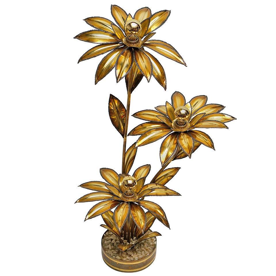 French Brass Floor Lamp in Sunflower Form