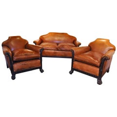 Pair of 19th Century English Walnut and Leather Club Chairs with Matching Sofa