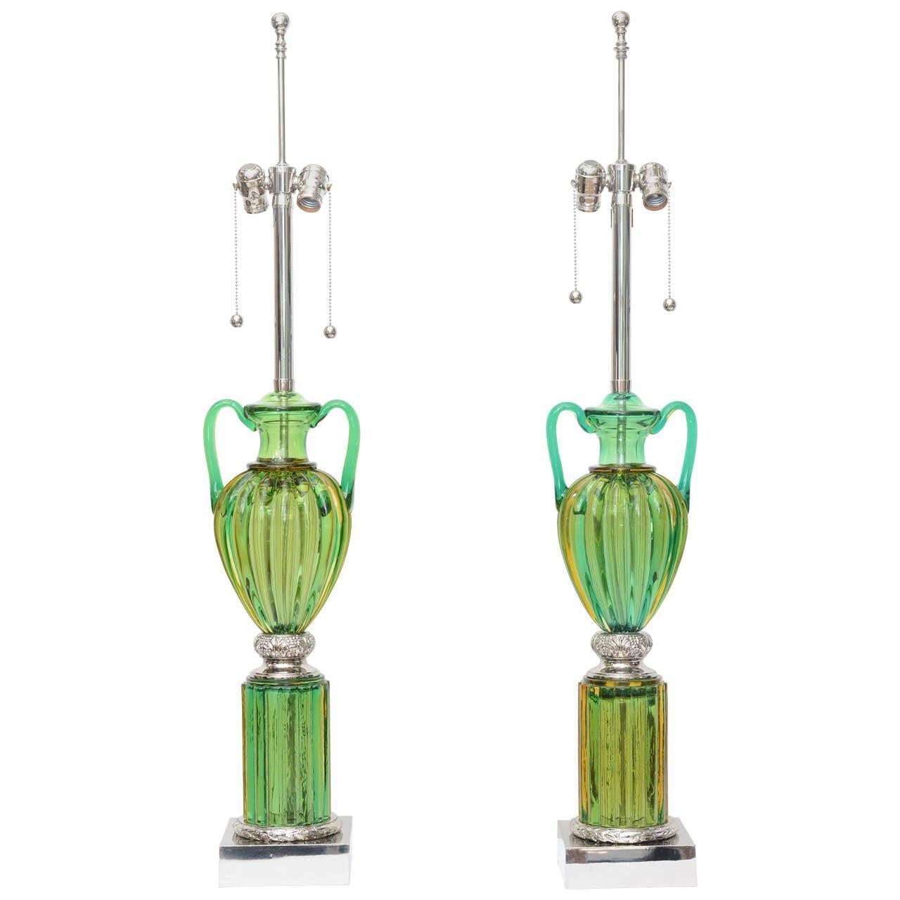 Pair of Vintage Murano Emerald Green Glass Lamps by Marbro
