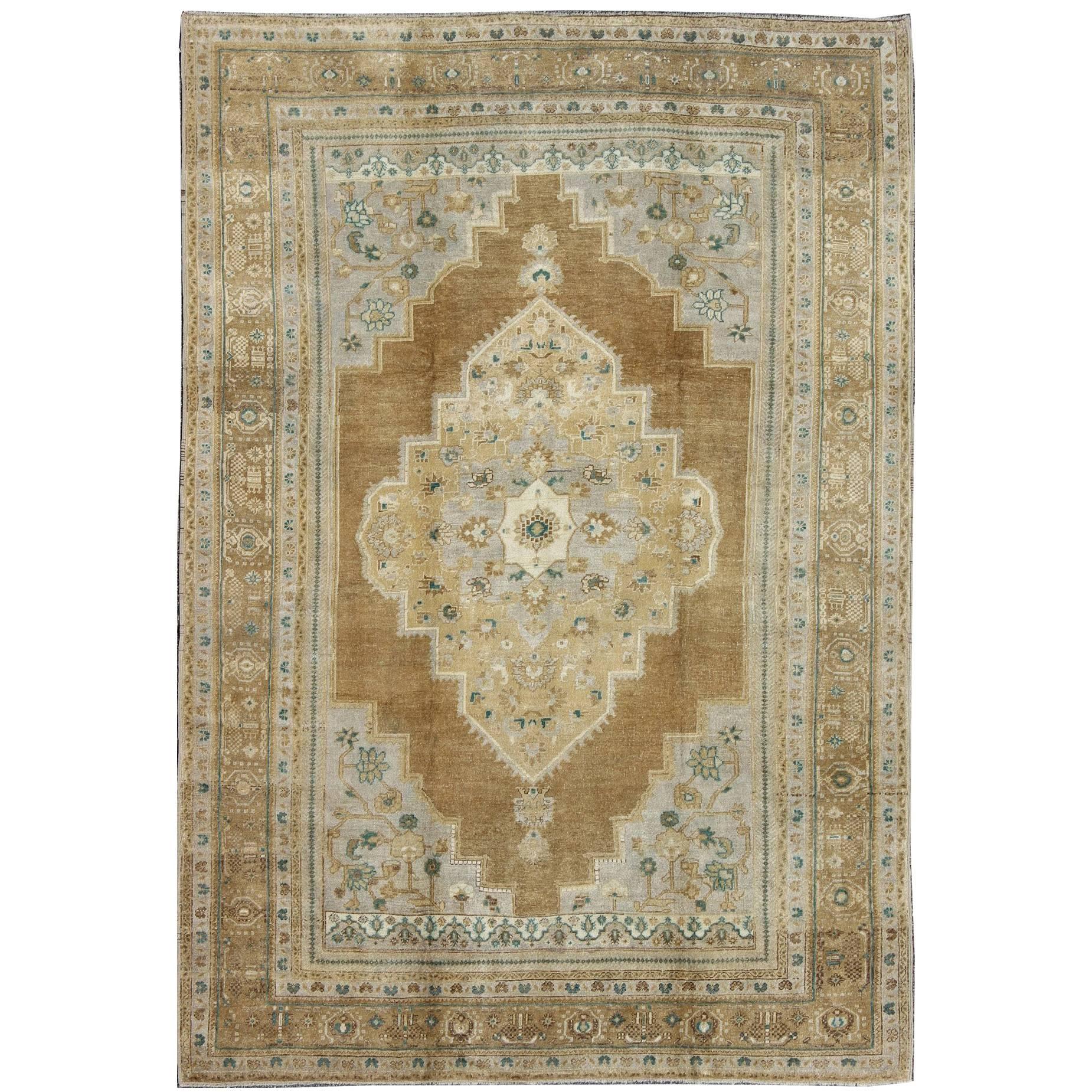 Vintage Oushak Turkish Rug in Light Golden Brown, Gray/Blue and Teal Accents For Sale
