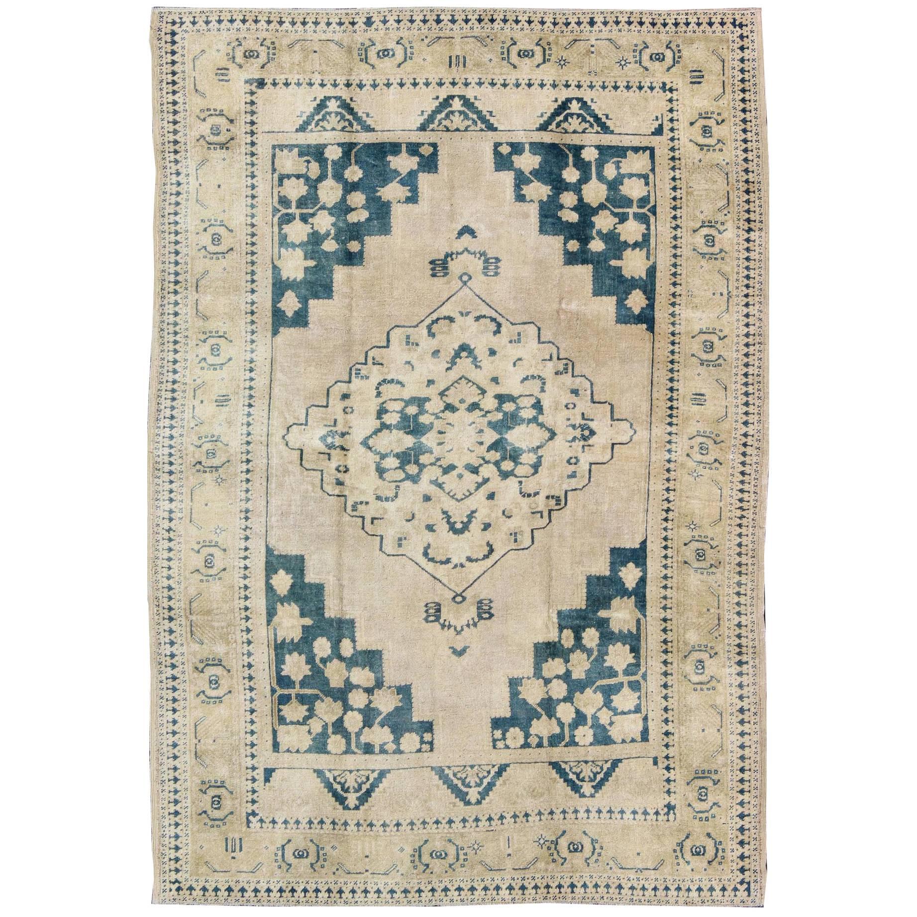 Vintage Turkish Oushak Rug in Blue and Cream colors