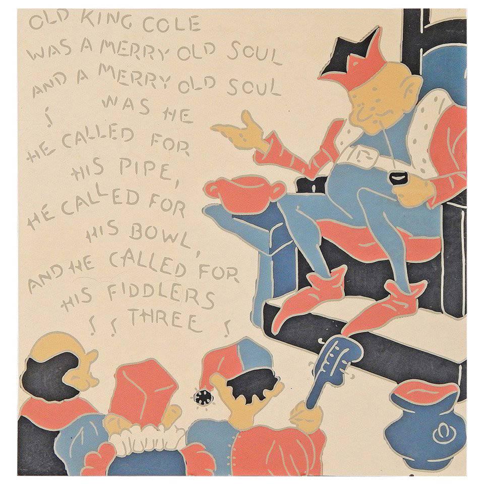 Seltene, auffällige Linoleum-Tafel mit Kinderspielzeug- Rhyme-Motiv „Old King Cole“