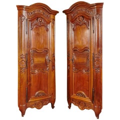 Pair of 18th Century Louis XV Walnut Carved Doors Corner Cabinets from Lyon 1