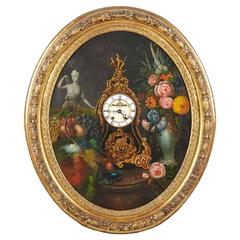 Antique Early 19th Century French Framed Oval Trompe L'Oeil Painting with Real Clock