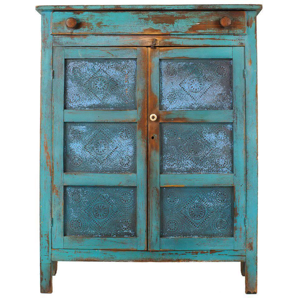 American Primitive Painted Pie Safe with Punched Tin Panels