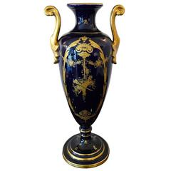 Antique Hache a Tours Blue and Gilded Ceramic Vase