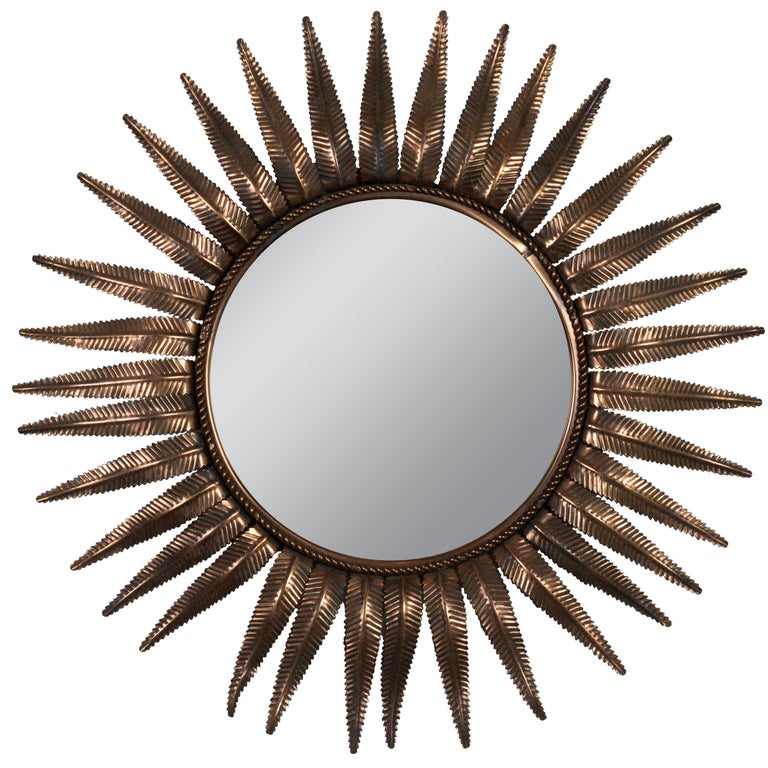 French Sunburst Mirror in Copper Plated Metal For Sale at 1stdibs