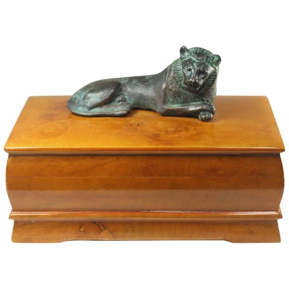 Swedish Elm Burl Box with Green Patina Lion in Repose on Top For Sale